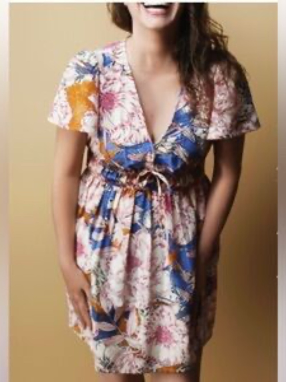 Free People Floral Print Flutter Sleeve Tie Front Mini Dress Size M